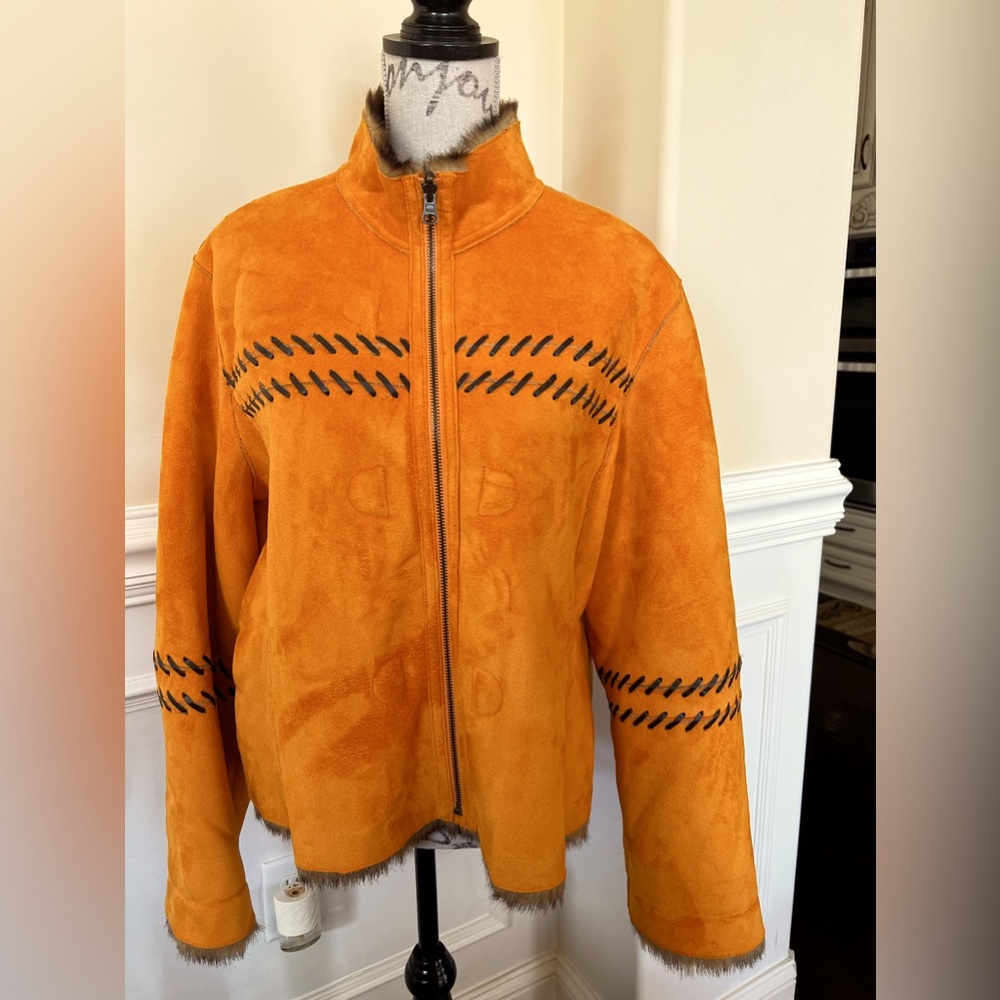 Faux Fur & Faux Suede Orange/Brown High Collar Zipper Reversible Jacket.